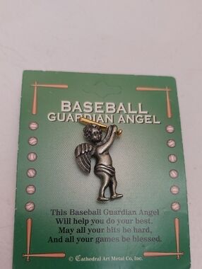 Camco Two Tone Gold Pewter Baseball Guardian Angel Figural Lapel Pin